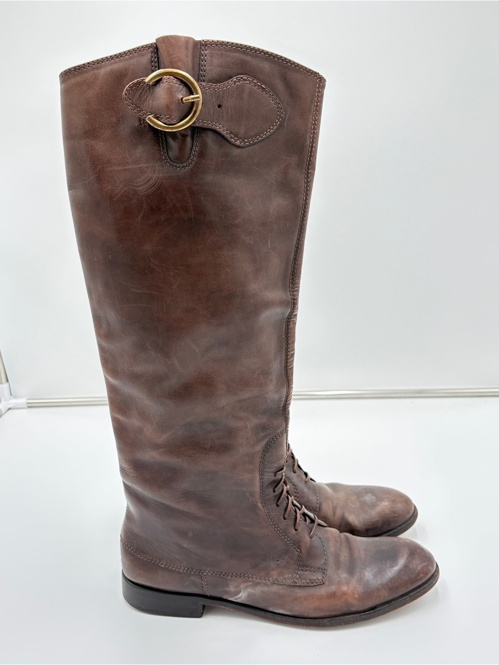 Vintage Corso Como Brown Leather Lace Up Buckle Tall Knee High Riding Boots Sz 9